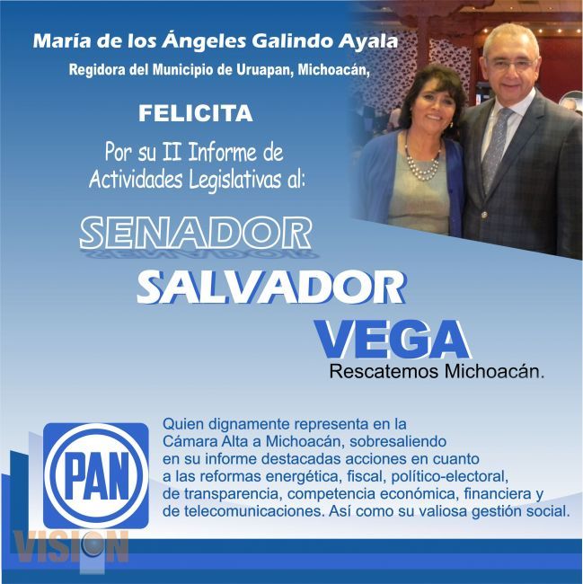 Felicita cordialmente la Regidora Angeles Galindo al Senador Michoacano Vega Casillas