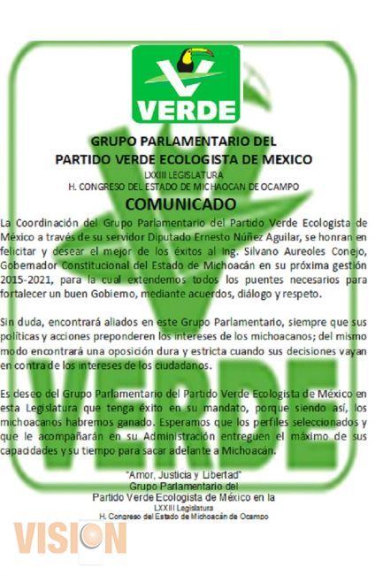 El Partido Verde Ecologista Felicita al Ing. Silvano Aureoles Conejo