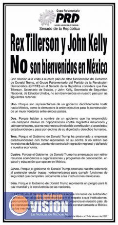 Secretarios Rex Tillerson y John Kelly no son bienvenidos a México