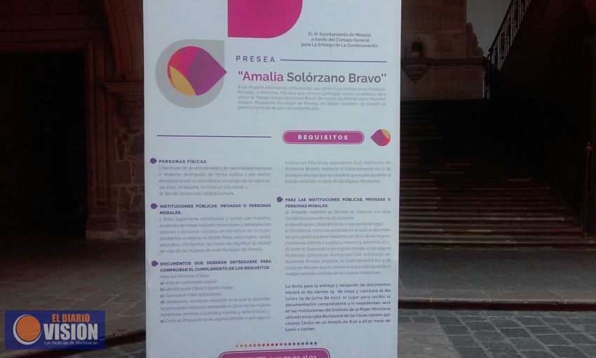 Hoy inicia recepcion de propuestas para la Presea "Amalia Solorzano Bravo"