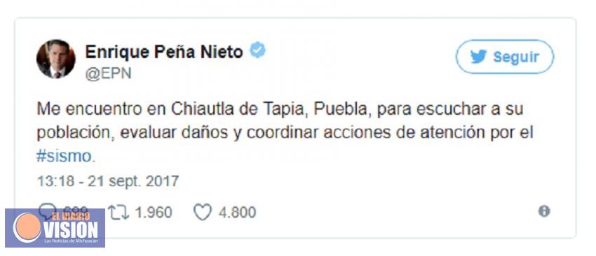 Peña Nieto supervisa labores de auxilio por sismo en Puebla y da un mensaje a medios