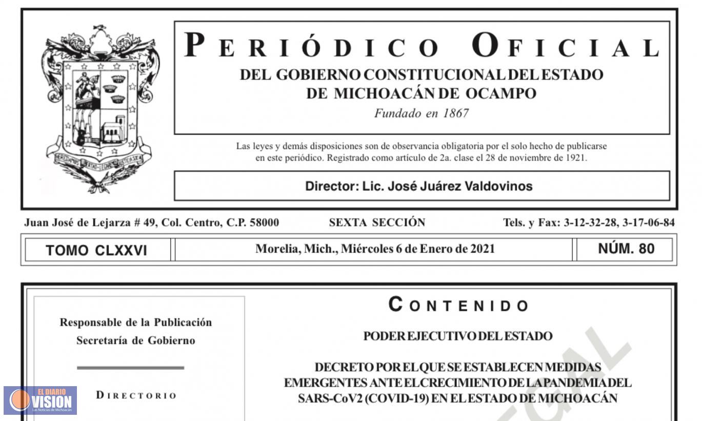 Emite Gobernador decreto sobre medidas ante crecimiento de COVID-19 en Michoacán