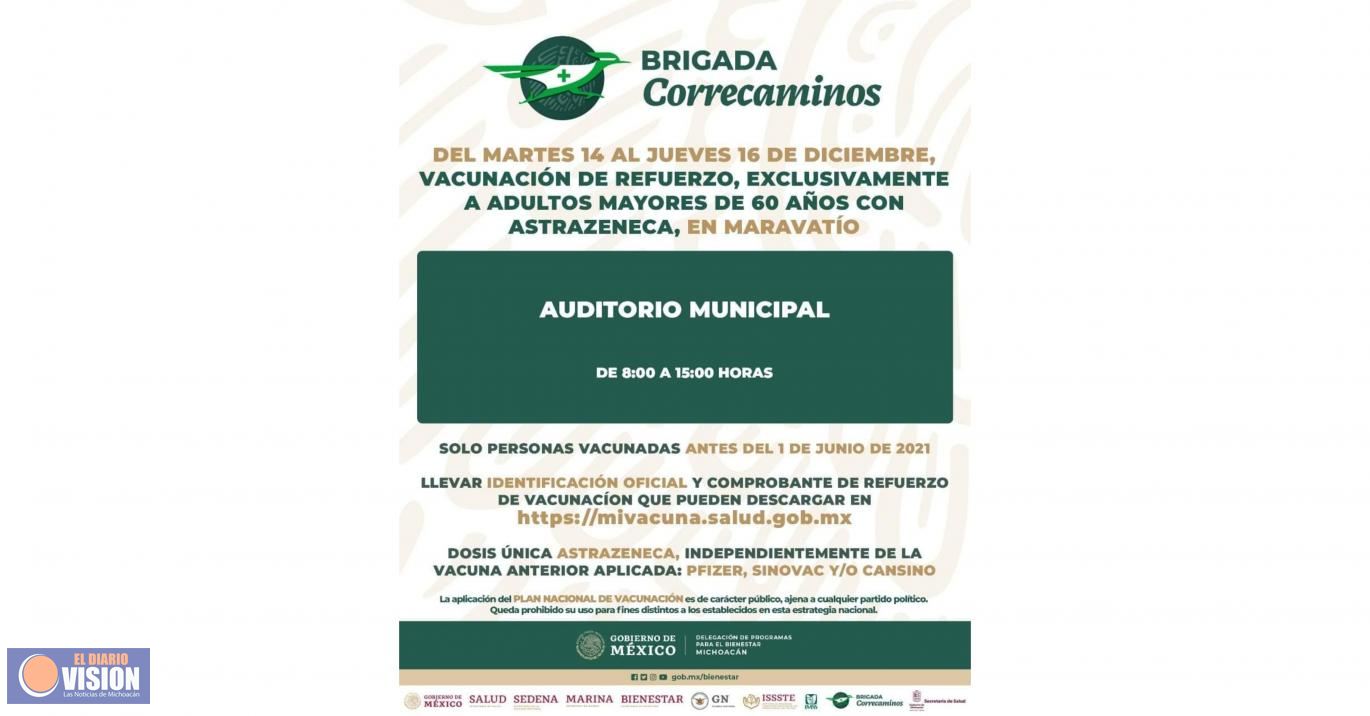 Este martes, aplicarán vacuna de refuerzo a los adultos de 60 años en Maravatío 