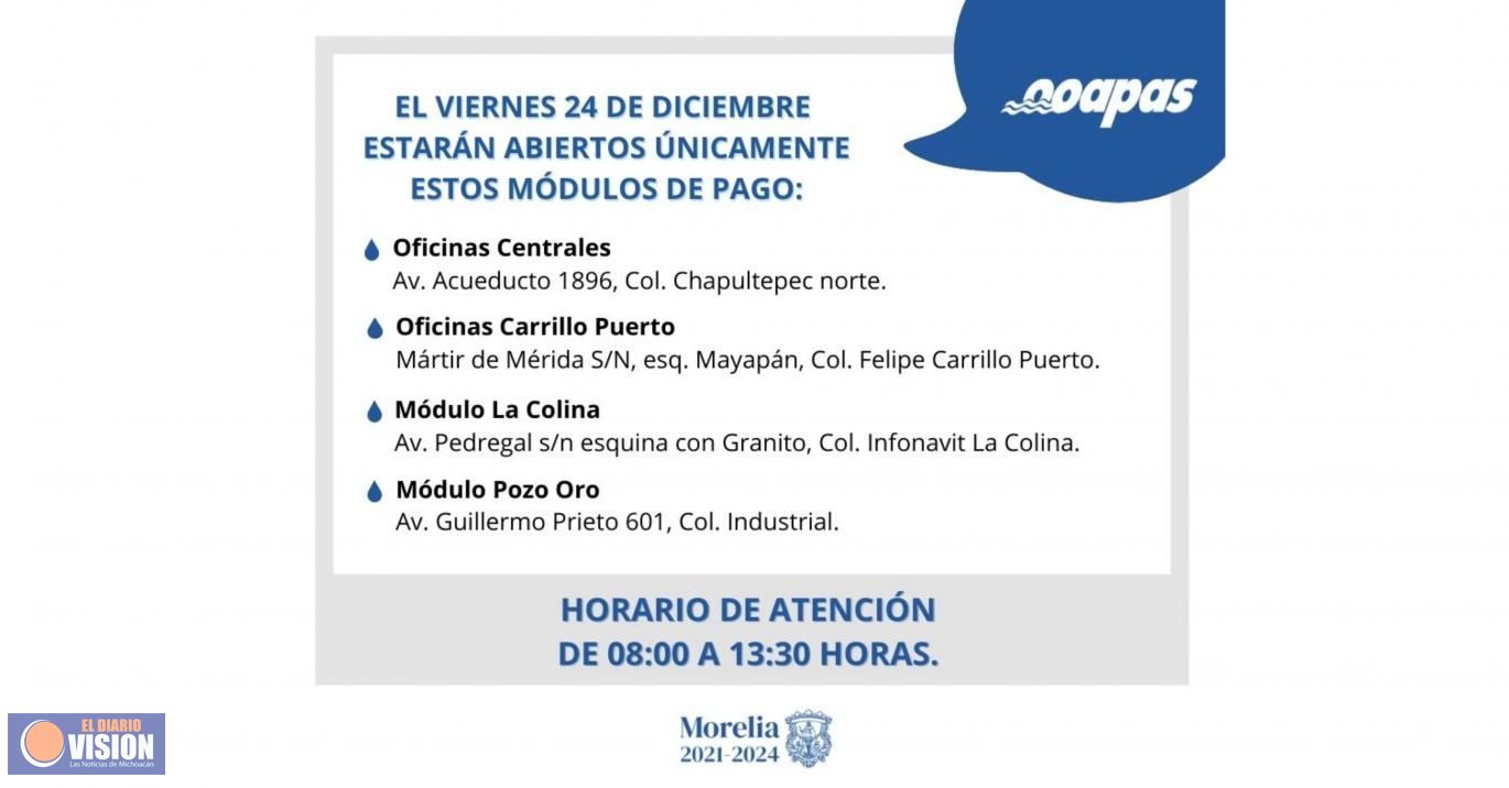 OOAPAS anuncia horarios de atención el 24 de diciembre