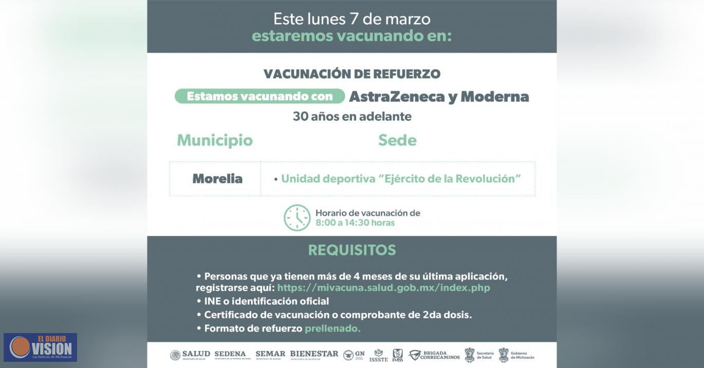 Este lunes, jornada de vacunación de refuerzo para adultos de 30 años en adelante en Morelia