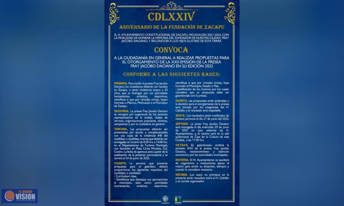 Zacapu lanza convoca para participar en la Presea Fray Jacobo Daciano