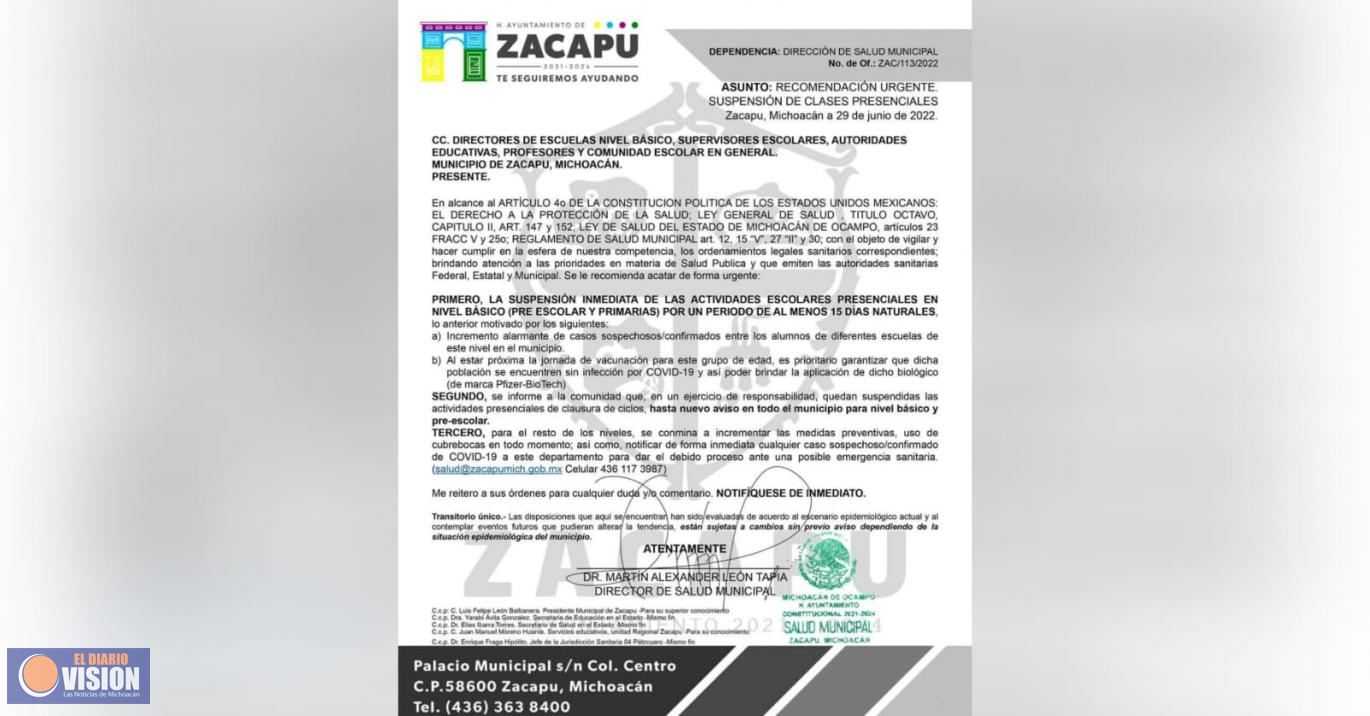 Gobierno de Zacapu, propone valorar suspensión de clases ante aumento de contagios 