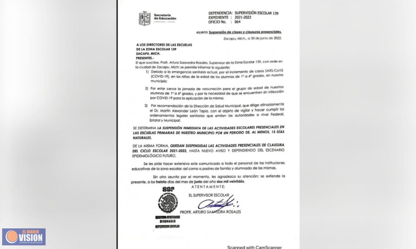 Suspenden clases y clausuras presenciales para primarias en el municipio de Zacapu 