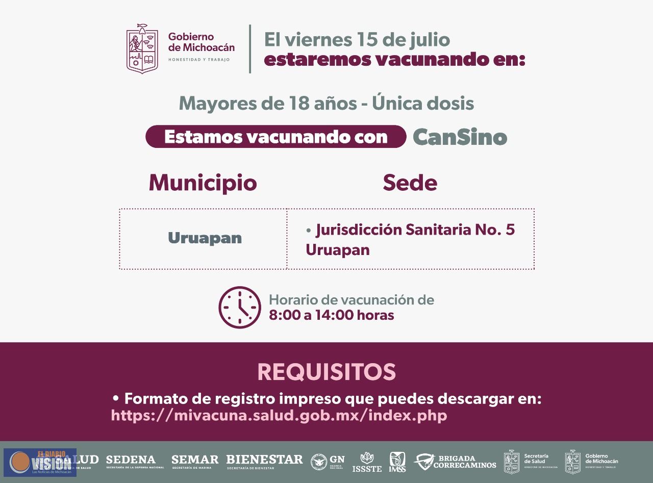 SSM aplicará dosis anti COVID-19 a rezagados mayores de 18 años en Región Uruapan