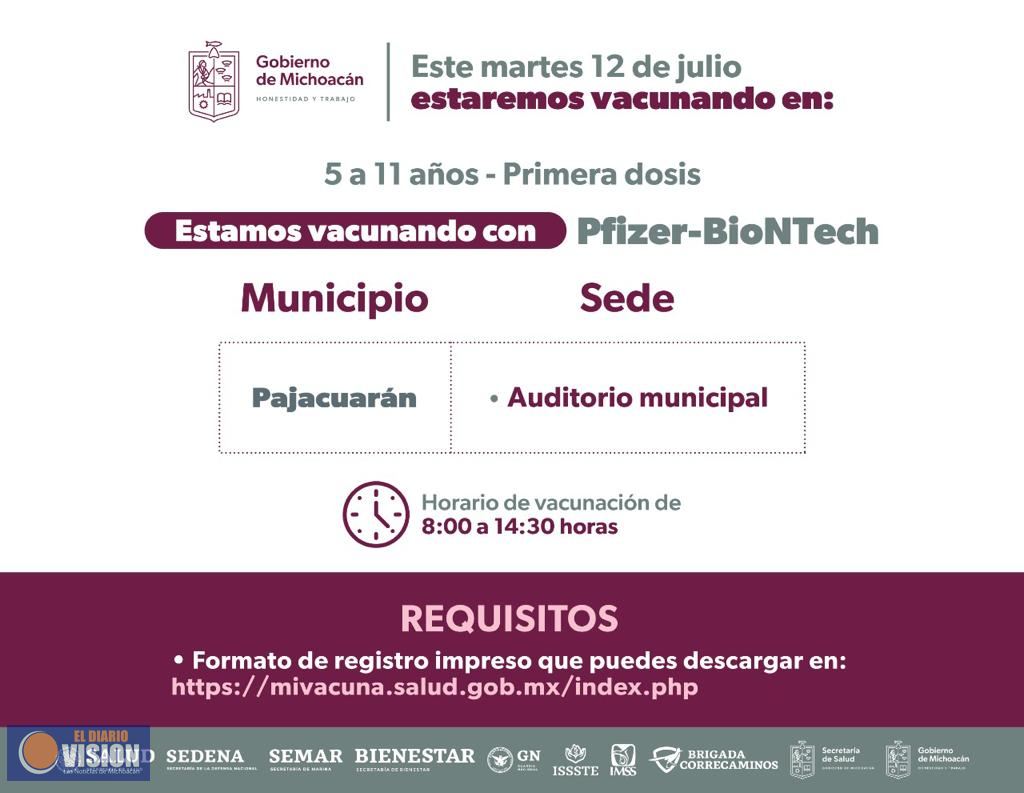 Vacuna SSM a niños de 5 a 11 años en cinco municipios del Estado