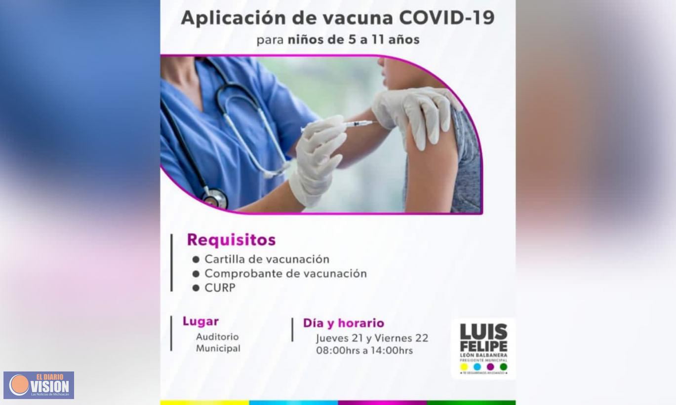 Este jueves y viernes realizarán vacunación para niños de 5 a 11 años  en Zacapu 