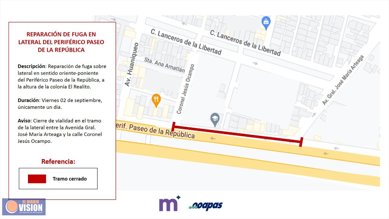 OOAPAS reparará este miércoles fuga sobre lateral de Periférico Paseo de la República