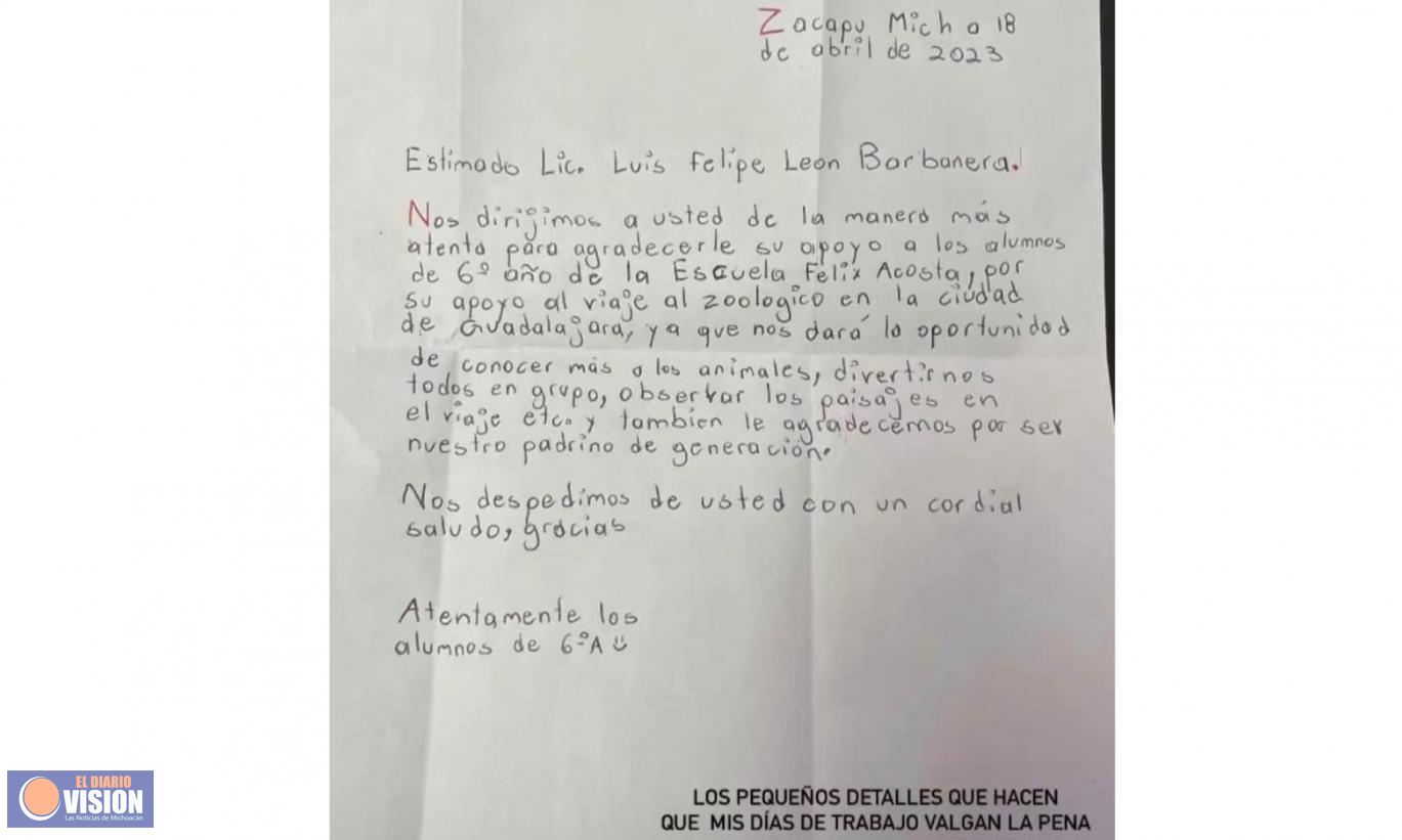 Niños agradecen al alcalde Luis Felipe León Balbanera, por viaje de estudios 