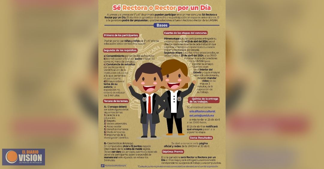 Quieres ser rectora o rector de la UMSNH por un día?, niñas y niños podrán participar en concurso