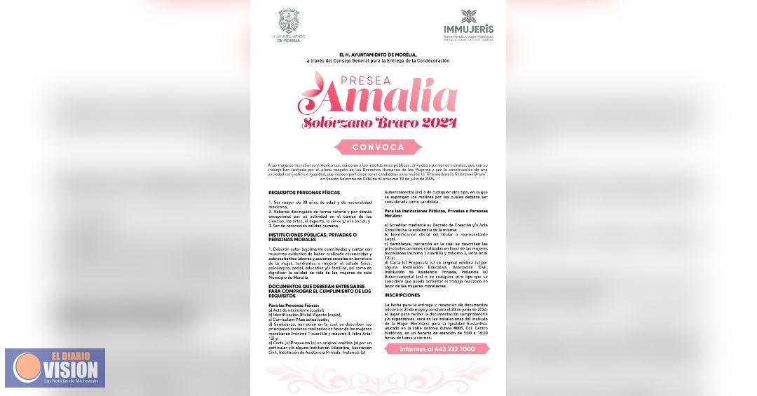 Gobierno de Morelia, abre convocatoria a la Presea “Amalia Solórzano Bravo” 2024