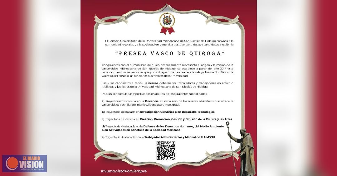 UMSNH invita a postular candidatas y candidatos a la “Presea Vasco de Quiroga”