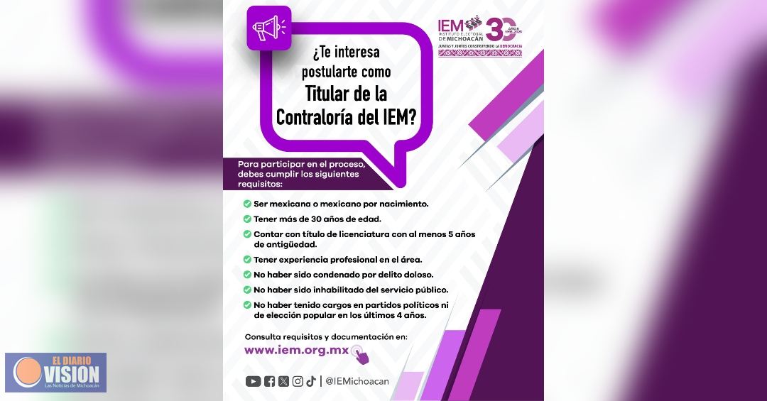 Inicia recepción de documentos para ocupar la titularidad del órgano de control interno del IEM