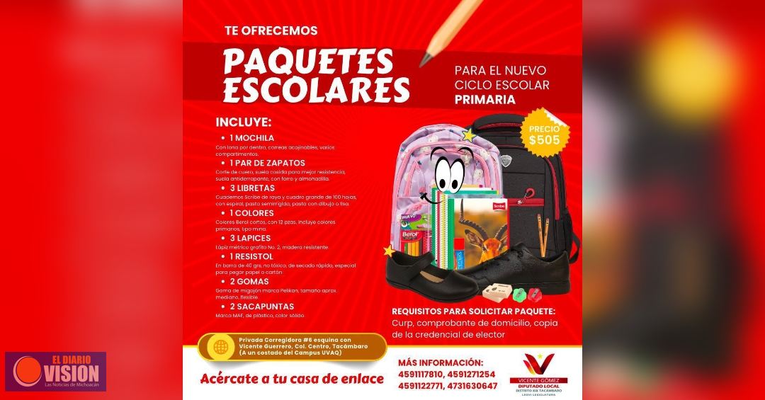 Vicente Gómez apoya a la población con la entrega de paquetes de útiles escolares subsidiados