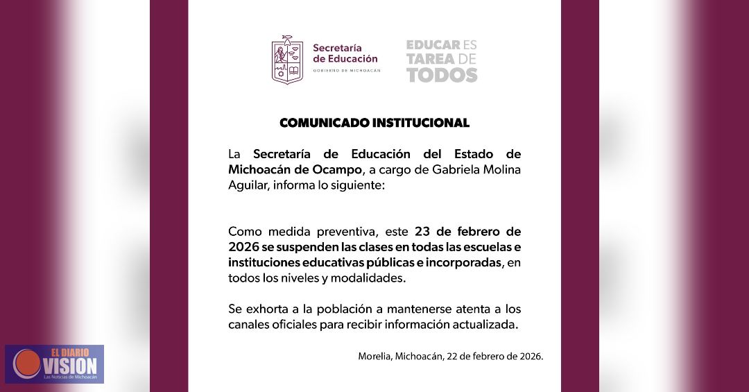 Se suspenden clases este lunes 23 de febrero: SEE