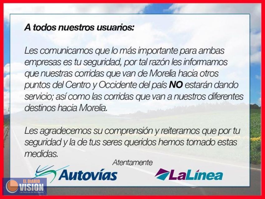 Suspenden corridas de transporte, en todo el Estado de Michoacán