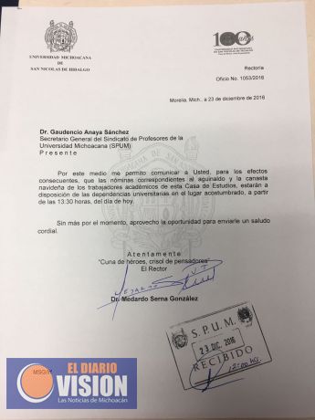 Hoy cubre UMSNH pago de aguinaldo y canasta navideña a sus trabajadores
