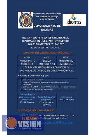 Cursos de Inglés en línea, anuncia el Departamento de Idiomas de la UMSNH