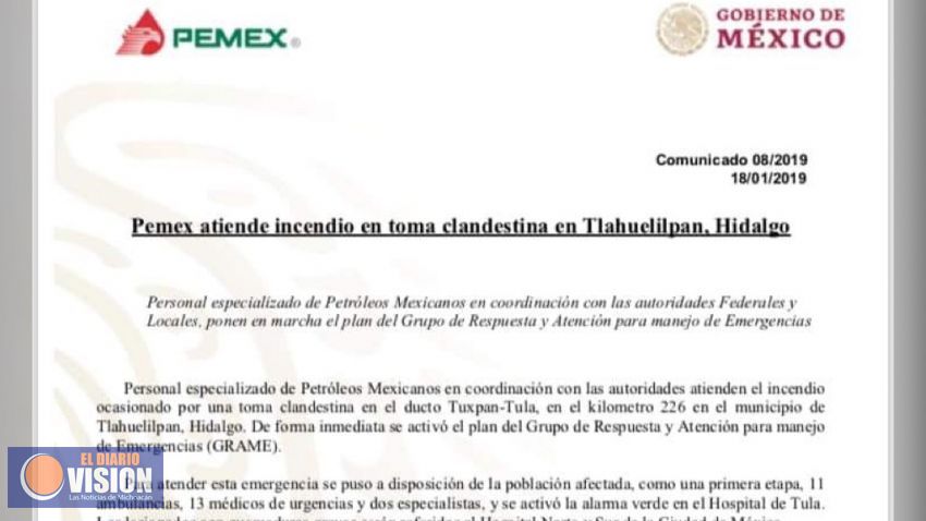 Pemex atiende incendio en toma clandestina en Tlahuelilpan, Hidalgo