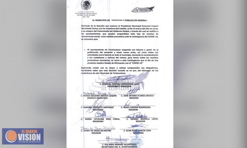 Ayuntamiento de Tzintzuntzan suspende todas las actividades de la población en prevención 