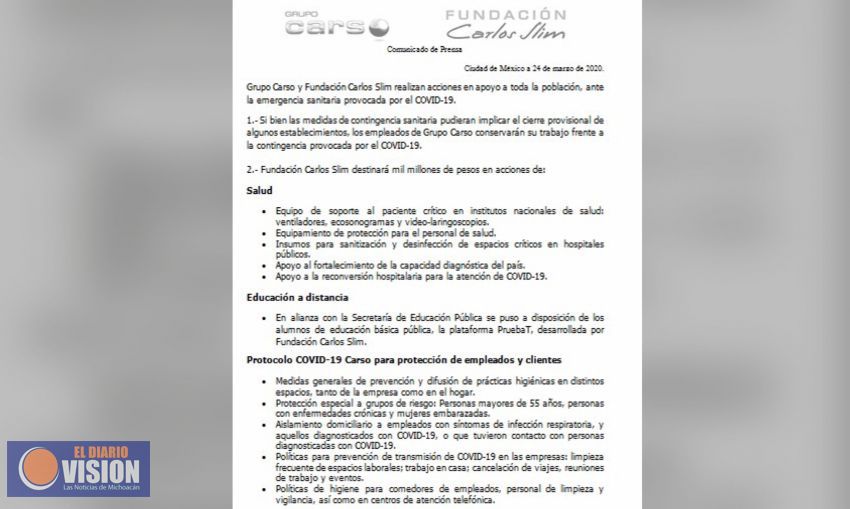 Carso y Fundación Carlos Slim realizan apoyos a toda la población, ante la emergencia sanitaria 