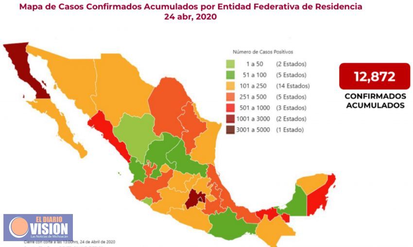 México, suma 1, 221 muertes y 12, 872 casos confirmados acumulados por Covid-19 