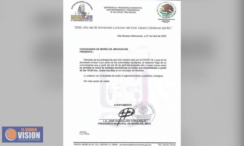 A partir de hoy, se prohíbe la venta de bebidas alcohólicas en Villa Morelos 