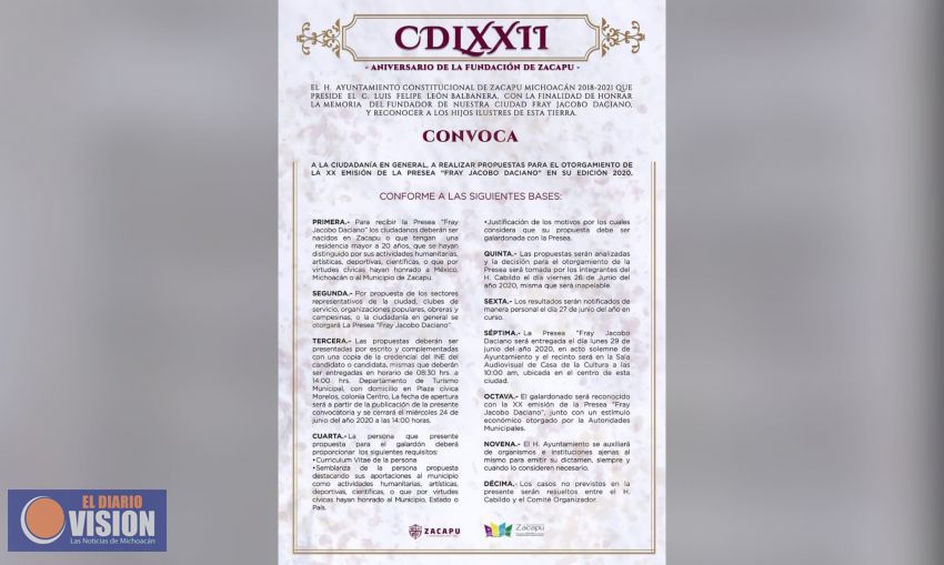 Convoca, Gobierno municipal de Zacapu, a la edición 20 de la Presea 