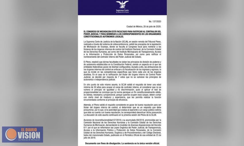 Mayoría de ministros de la SCJN da la razón a Congreso de Michoacán