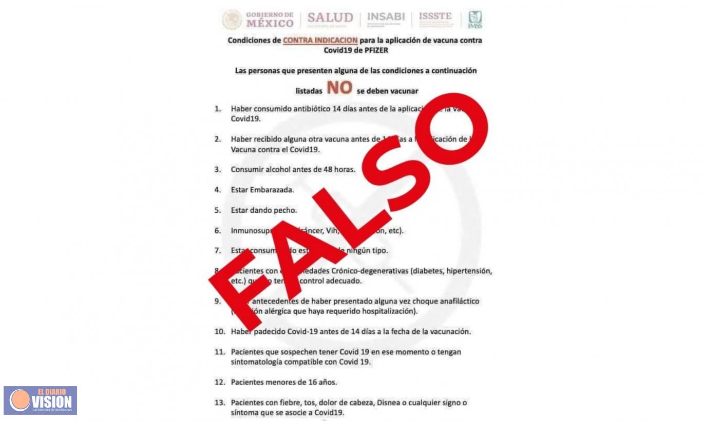 Circula falsa lista de contraindicaciones de SSA para aplicar vacuna contra Covid-19