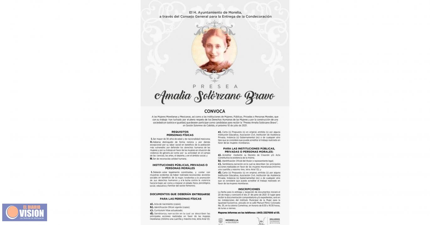 Hoy, cierra la convocatoria para la Presea “Amalia Solórzano Bravo”