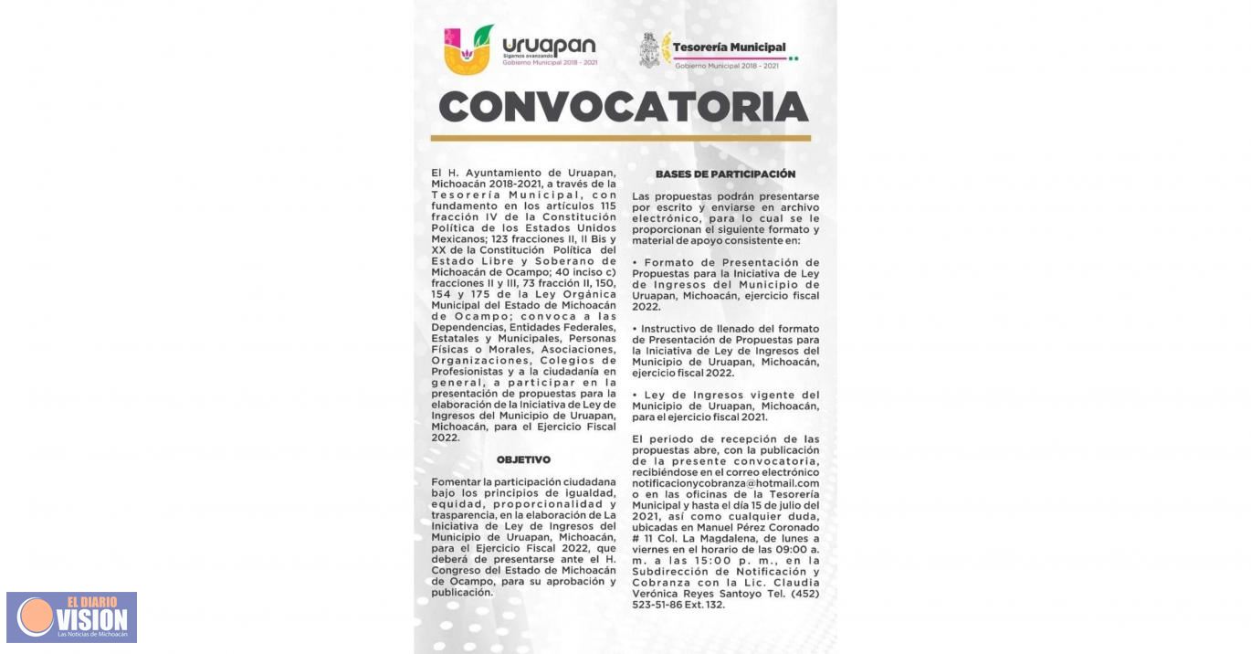 Gobierno Municipal convoca a presentar propuestas para Iniciativa de Ley de Ingresos 2022