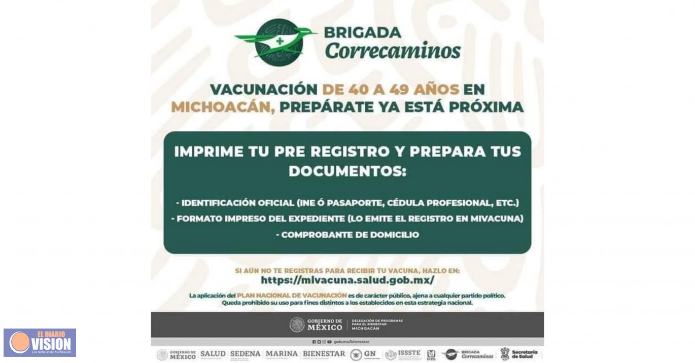 Este 6 y 7 de julio se aplicará la vacuna a los de 40 a 49 años en Cuitzeo 