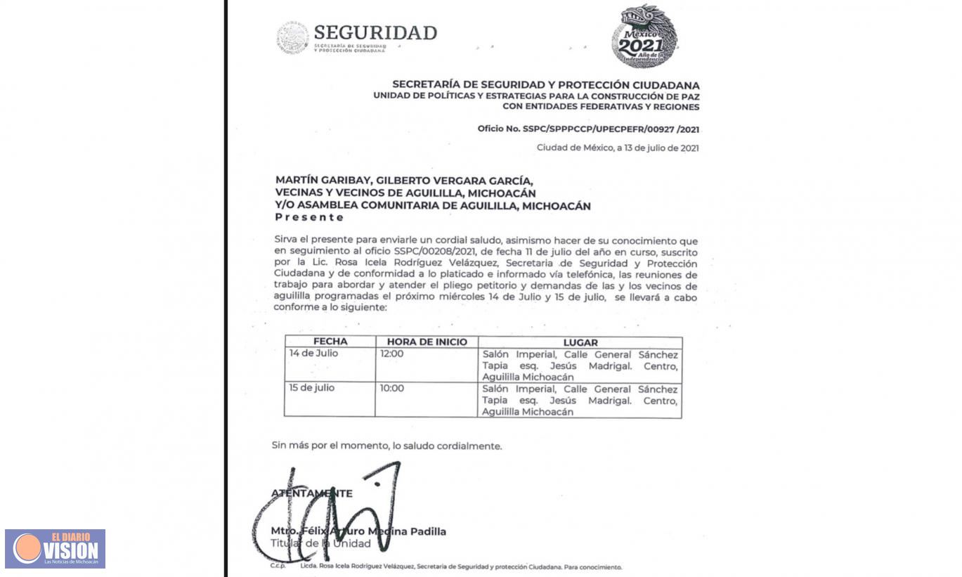 Este día comenzarán las mesas de trabajo entre el Gobierno Federal y habitantes de Aguililla