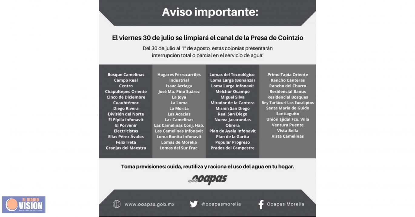 Brindará OOAPAS mantenimiento a canal de la Presa de Cointzio