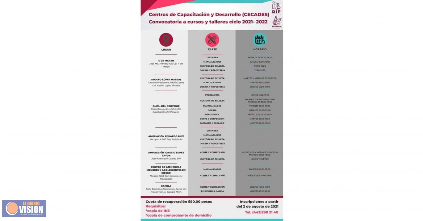 Abre DIF Morelia inscripciones a cursos en Centros de Capacitación y Desarrollo 2021