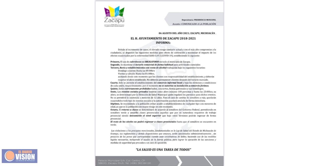 Ayuntamiento de Zacapu, anuncia, nuevas medidas por alza de contagios de COVID-19 