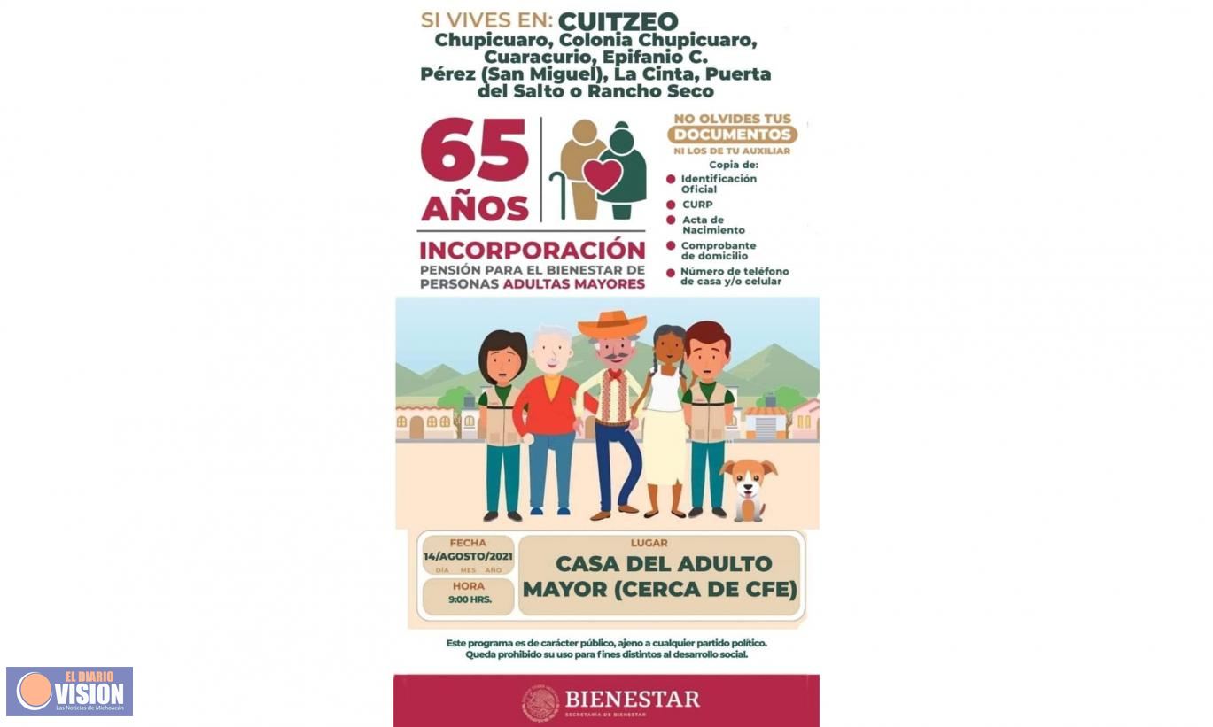 Este 14 de agosto se llevará a cabo incorporación al Programa de Pensión en Cuitzeo 