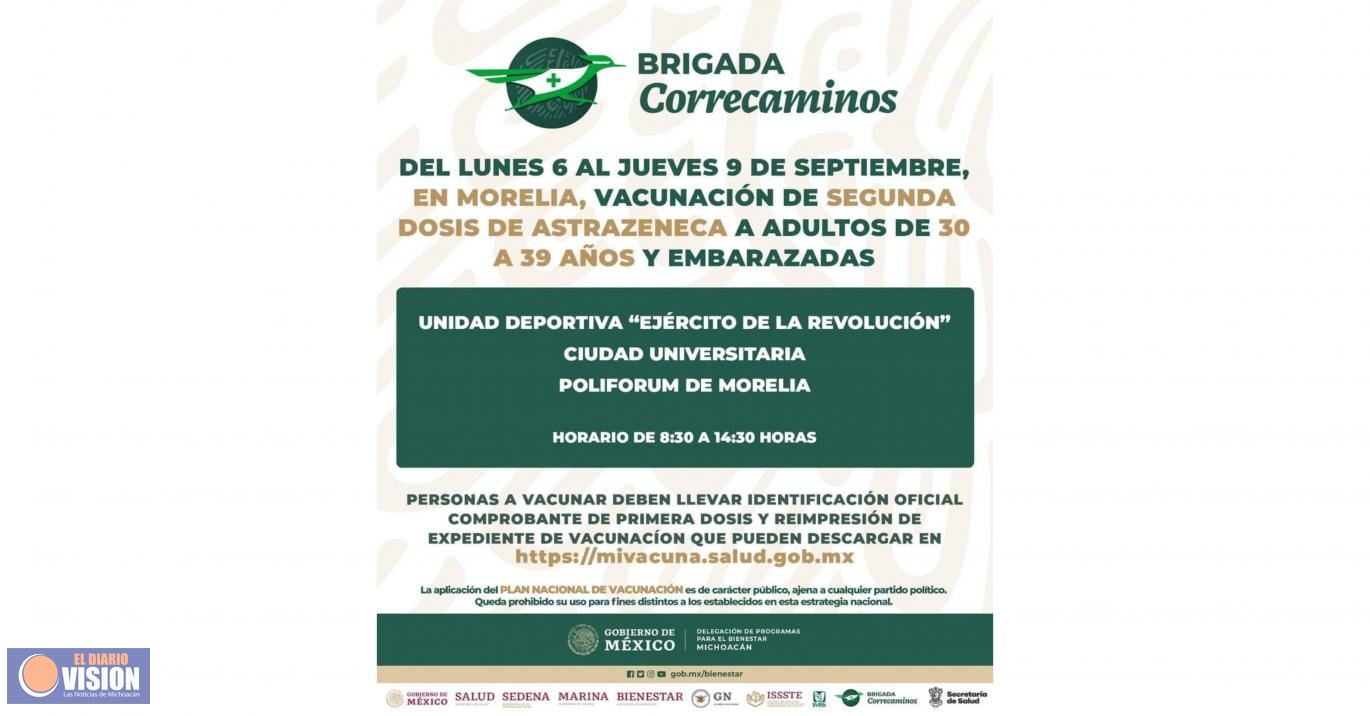 Del 6 al 9 de septiembre se aplicará segunda vacunas a personas de 30 a 39 años en Morelia