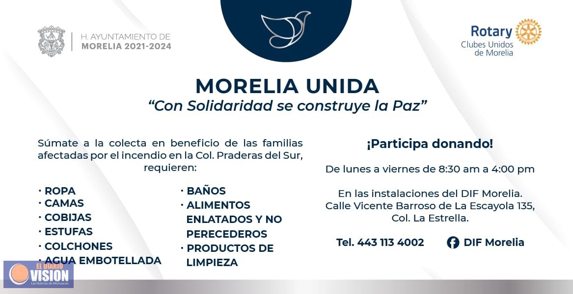 Invita DIF Morelia a colecta en apoyo a damnificados por incendio en Praderas del Sur
