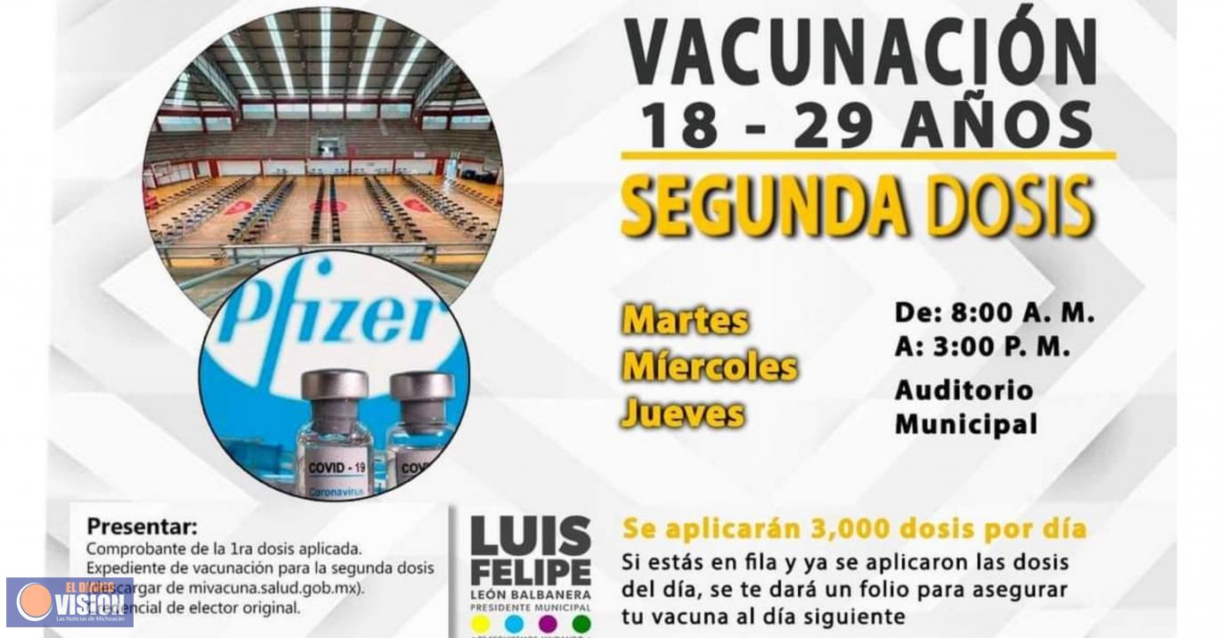 Aplicación de vacuna segunda dosis en Zacapu a adultos de 18 a 29 años, será con número de folio