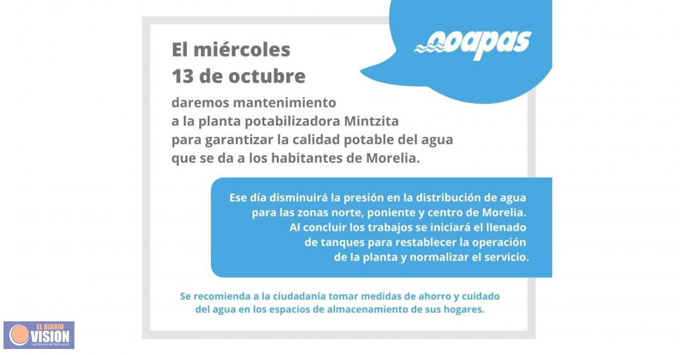 Este miércoles OOAPAS  dará mantenimiento a la Planta Potabilizadora Mintzita