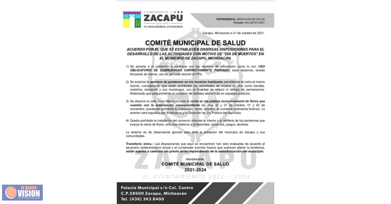 Gobierno de Zacapu, aprueba la apertura de panteones para noche de muertos