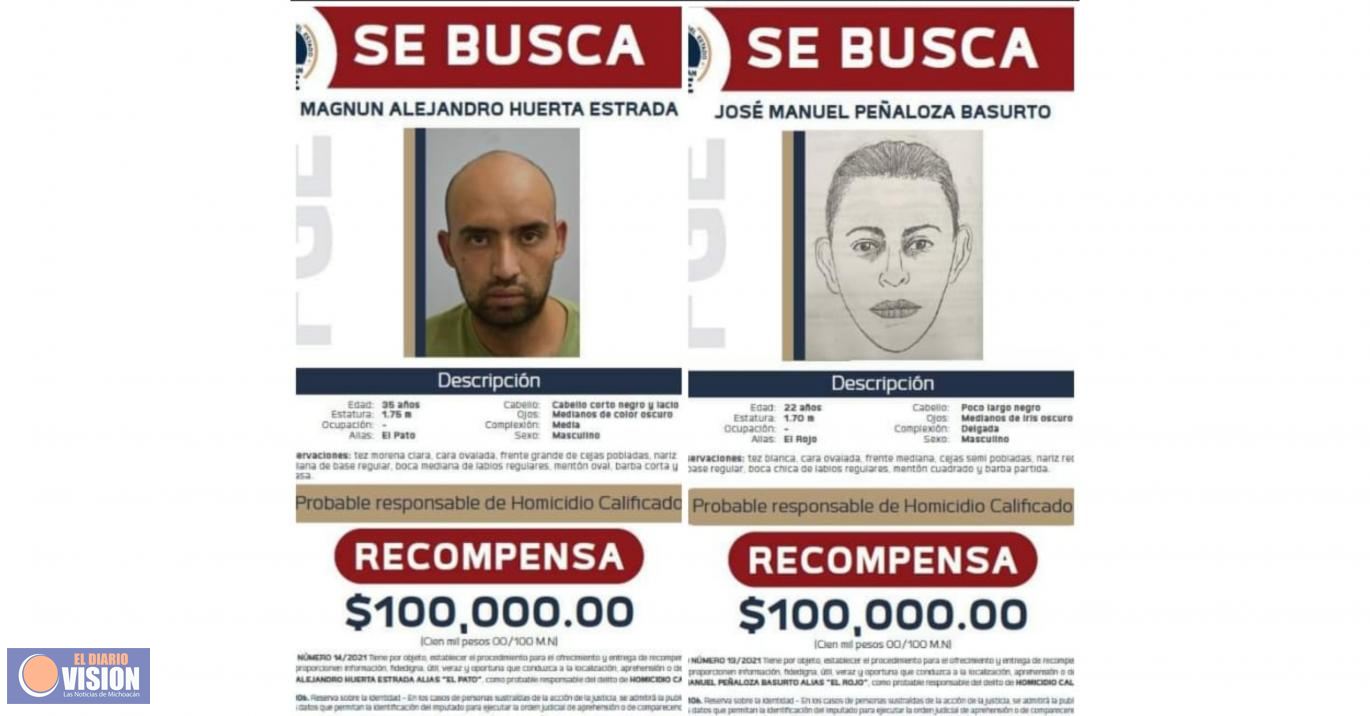 Fiscalia Michoacán, ofrece recompensa por presuntos homicidas de hechos registrados en Cantinita 