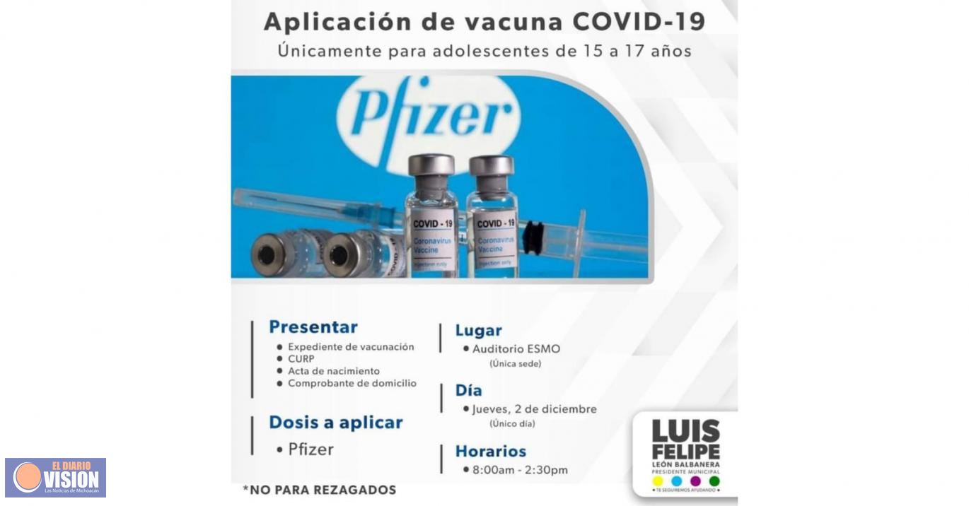 Este jueves, se aplicará Pfizer para jóvenes de 15 a 17 años en Zacapu 